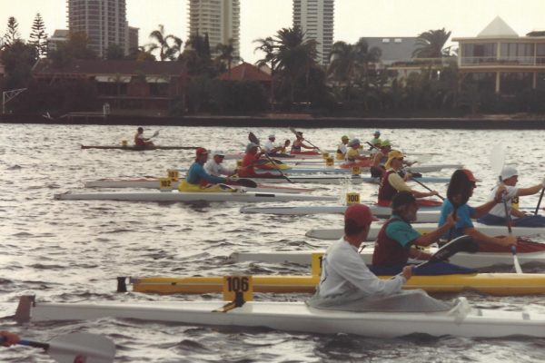 1993 Australian Canoe Marathon Titles. TK1 Start. Canoe 106 Steve McLay, 102 Barry Farlow.
