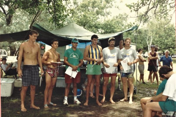 1994 Queensland Canoe Titles Open Men’s K1  L to R , Cameron McMullan & Chad Meek 1st, Brian Hemming & Paul Gardner 2nd, John Van Ryt & Steven Jenje 3rd