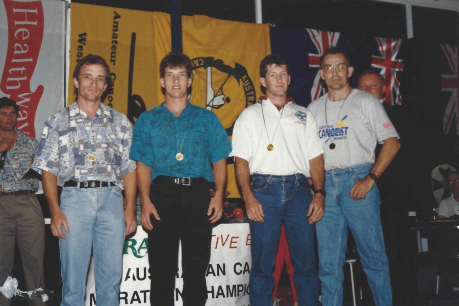 1995 Australian Canoe Marathon Titles Ravenswood - Western Australia. OMTK2 Tie for 1st Place
Left Greg & Jason Slade. Right Rod Smerdon & Georgie Athanasiou.